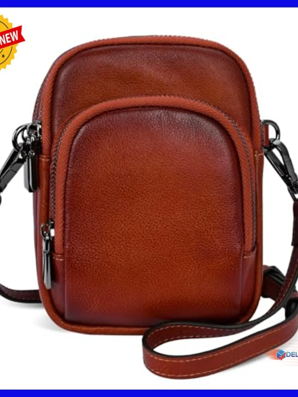 Genuine Leather Crossbody Bag with RFID, Adjustable Strap, 3 Zippered
